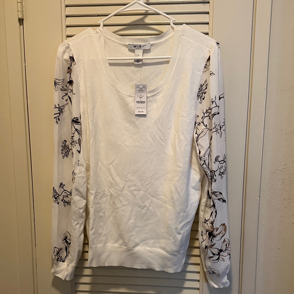 White House Black Market Cream Scoop Neck Sweater with Floral Print Sleeves